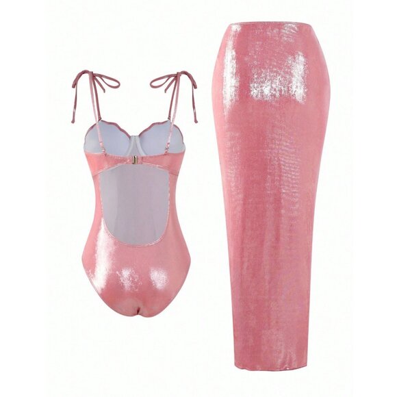 Pink High-End Sexy Women's Shiny Shell Push-Up One-Piece swimsuit w/ coverup - Picture 3 of 10